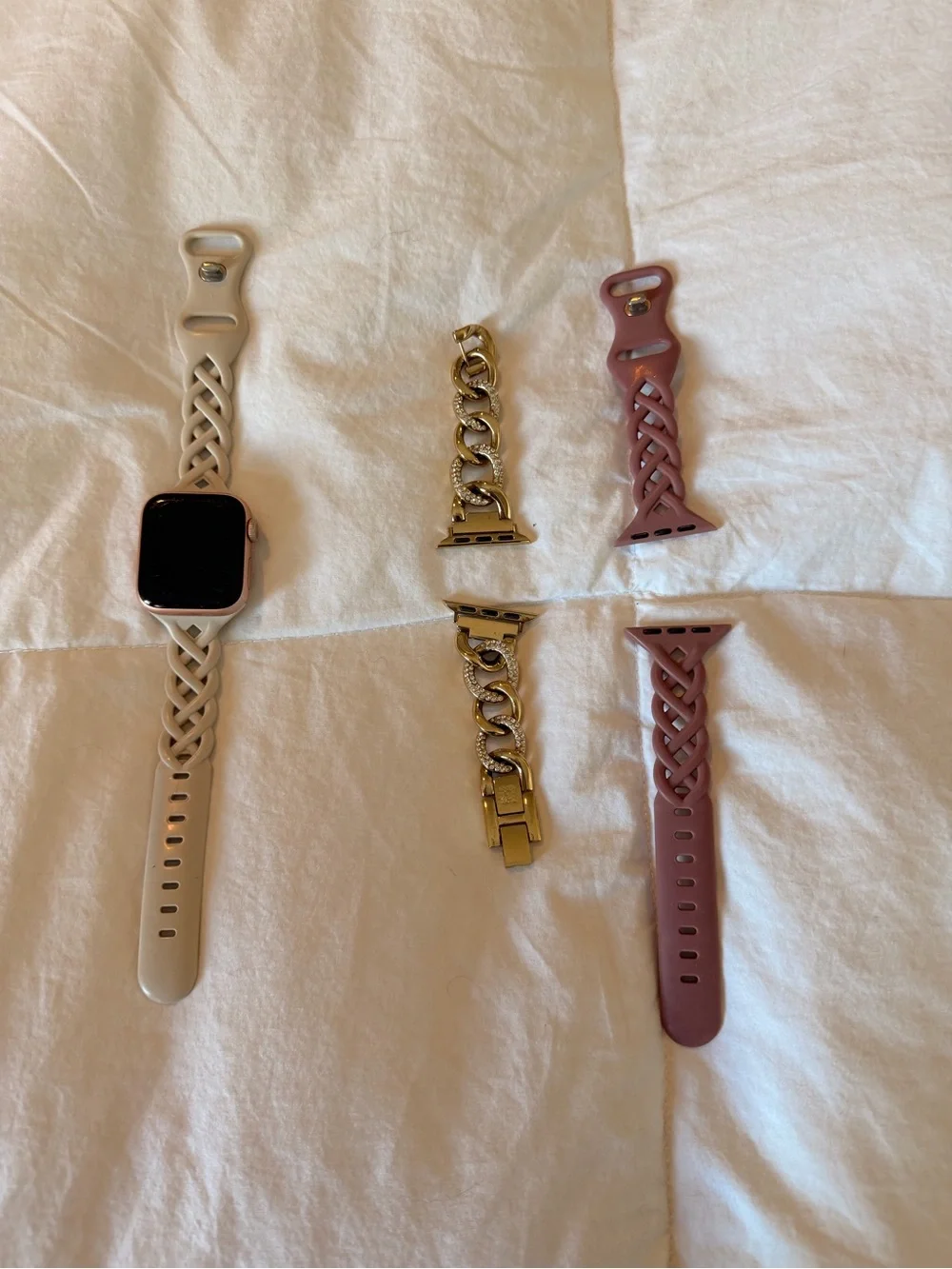 Apple Watch with Beige and Mauve Braided Bands + Gold Chain Links